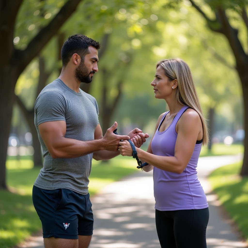 Trainer certificato durante una sessione all'aperto con un cliente adulto